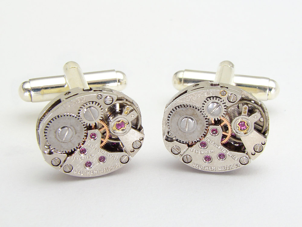 Steampunk cufflinks antique petite oval watch movements gears mens wedding anniversary silver cuff links