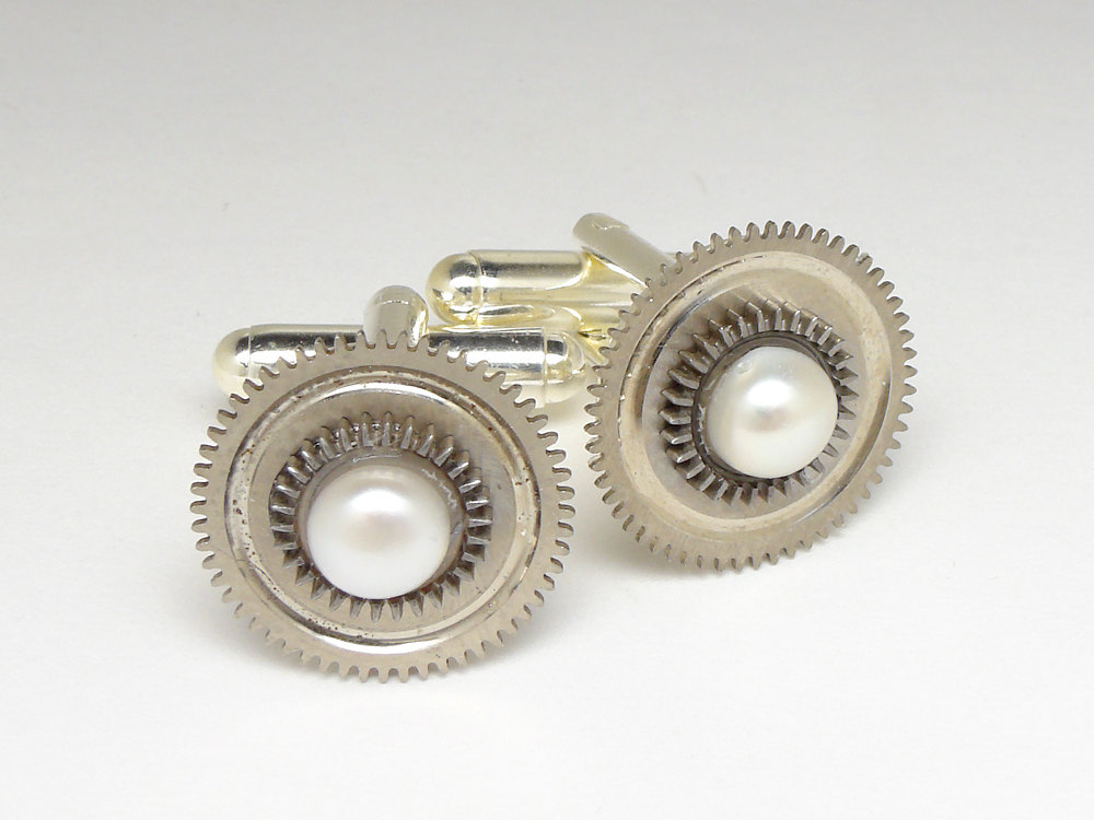 Steampunk cufflinks antique pocket watch gears circa 1900 silver satin brushed finish with genuine pearls mens wedding anniversary cuff links jewelry