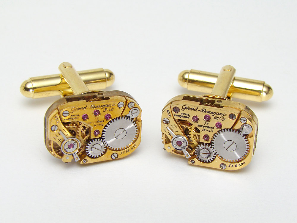 Steampunk cufflinks Antique Rare gold Girard Perregaux watch movements Grooms wedding mens cuff links Steampunk Jewelry