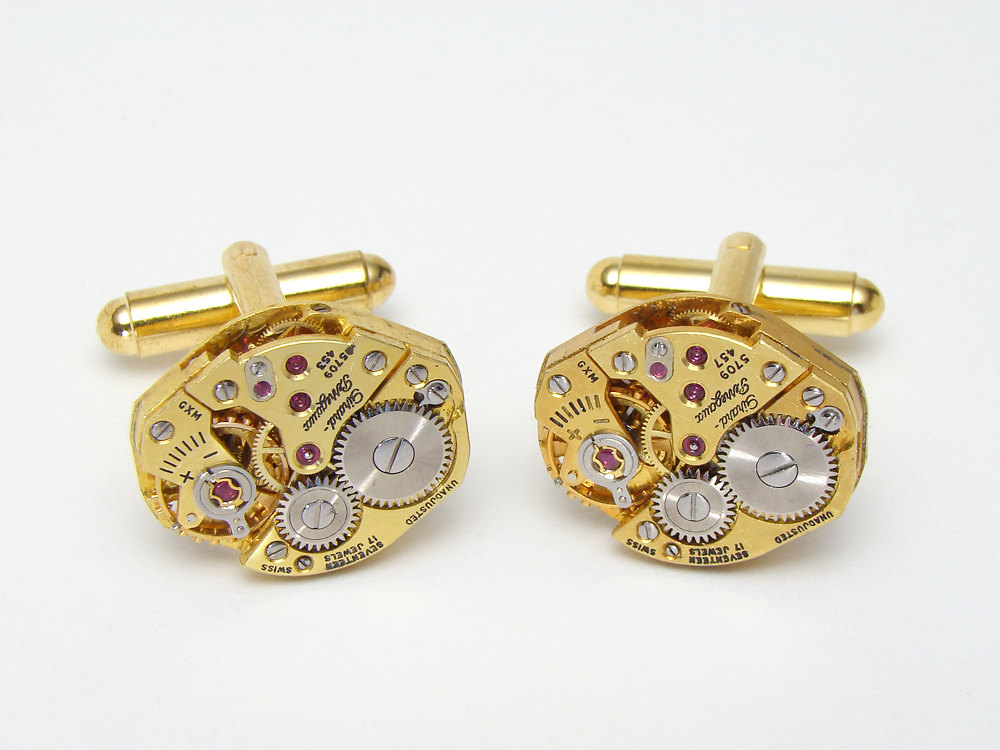 Steampunk cufflinks antique rare gold Girard Perregaux watch movements mens wedding anniversary cufflinks