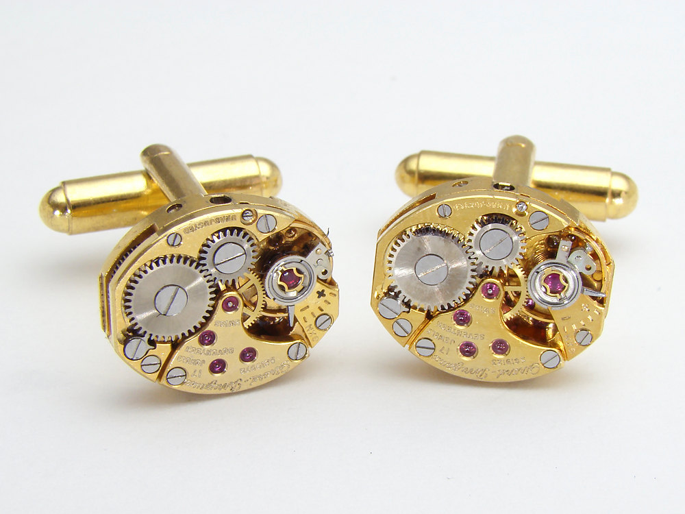 Steampunk cufflinks antique rare gold Girard Perregaux watch movements petite oval mens wedding cufflinks