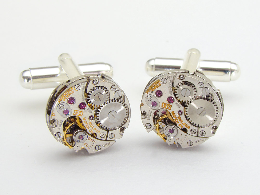 Steampunk cufflinks antique silver Bulova petite round pinstripe watch movements gears wedding mens cuff links