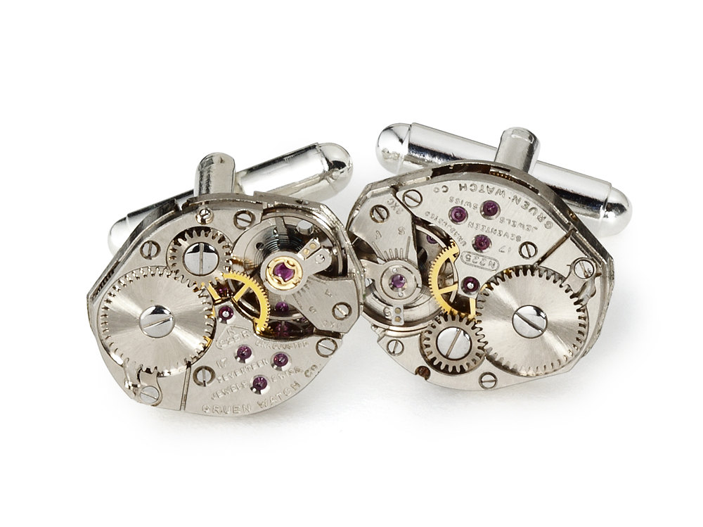 Steampunk cufflinks antique silver Gruen watch movements gears mens wedding anniversary cuff links