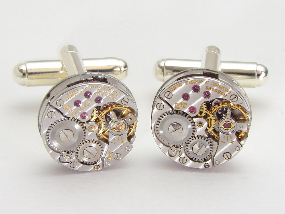 Steampunk cufflinks antique silver Longines rare round pinstripe watch movements gears wedding mens cuff links