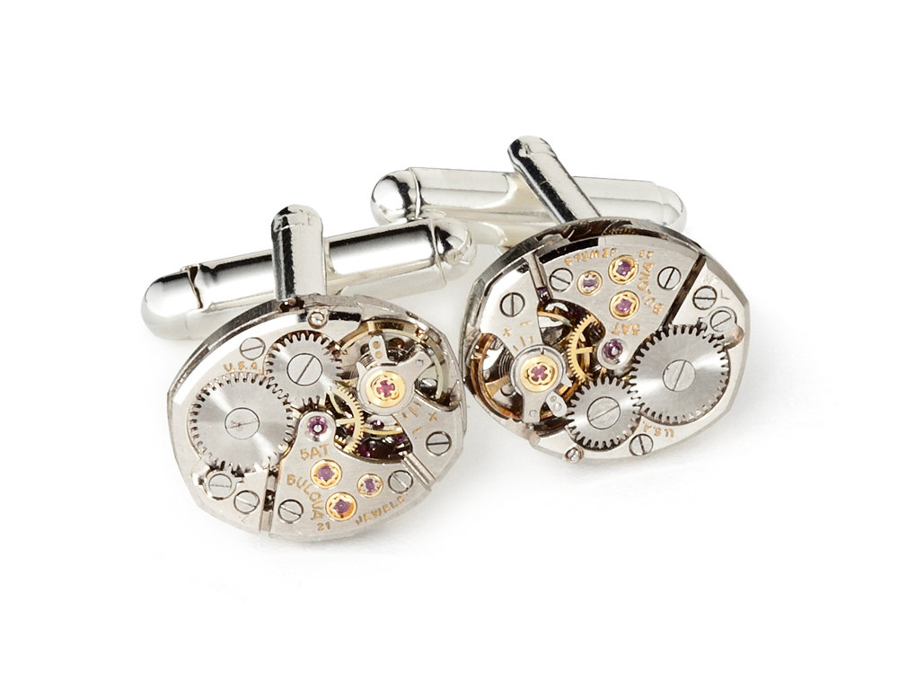 Steampunk cufflinks antique silver petite oval Bulova watch movements 21 ruby jewel mens wedding cuff links
