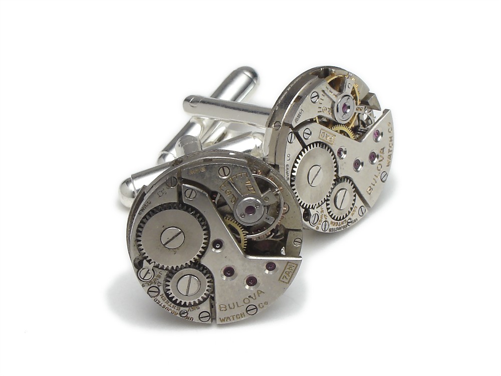Steampunk cufflinks antique vintage Bulova 17 ruby jewel watch movements circa 1930 silver mens wedding anniversary cuff links jewelry