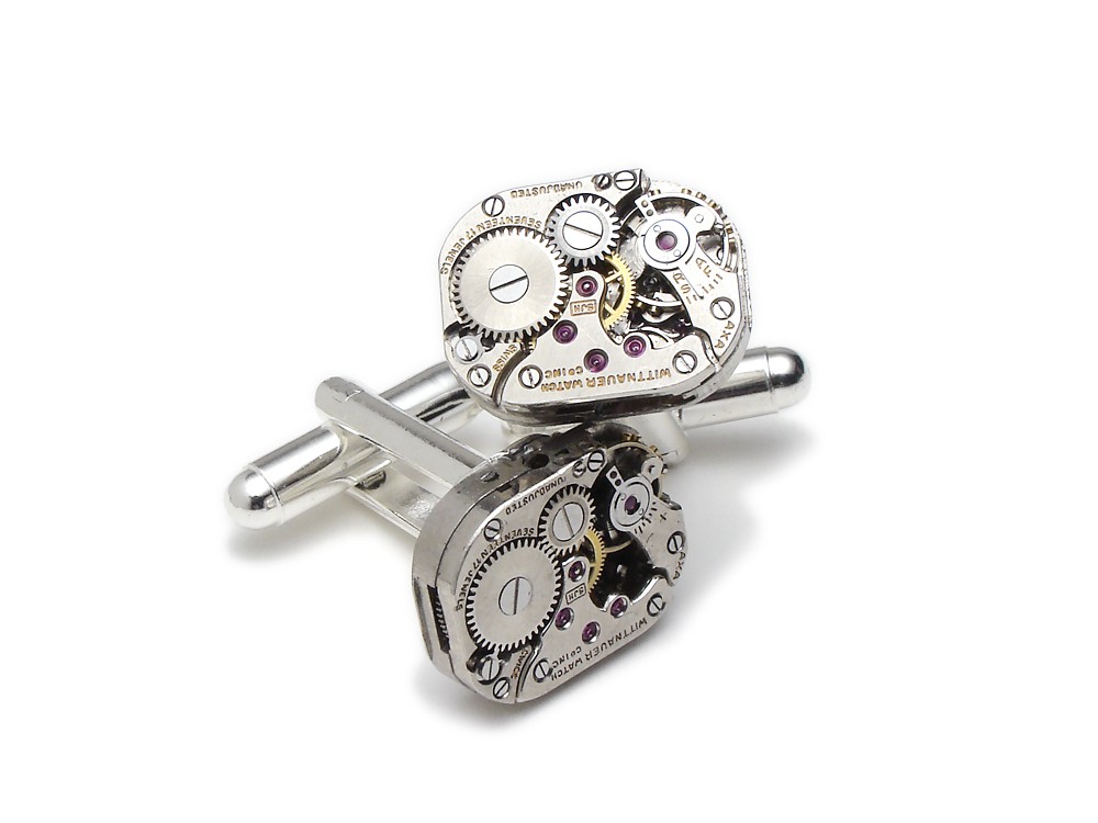 Steampunk cufflinks antique vintage Wittnauer 17 ruby jewel watch movements circa 1940 silver mens wedding anniversary cuff links jewelry