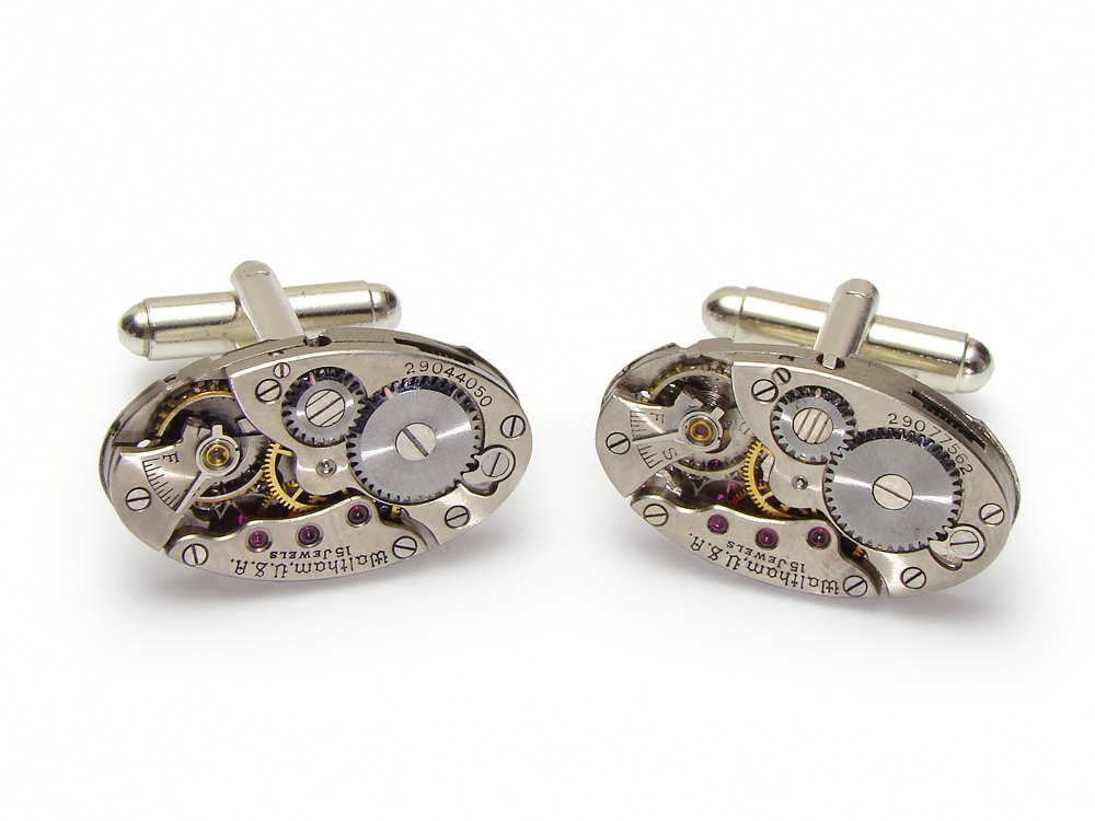 Steampunk cufflinks antique Waltham watch movements gears wedding anniversary silver cuff links mens jewelry