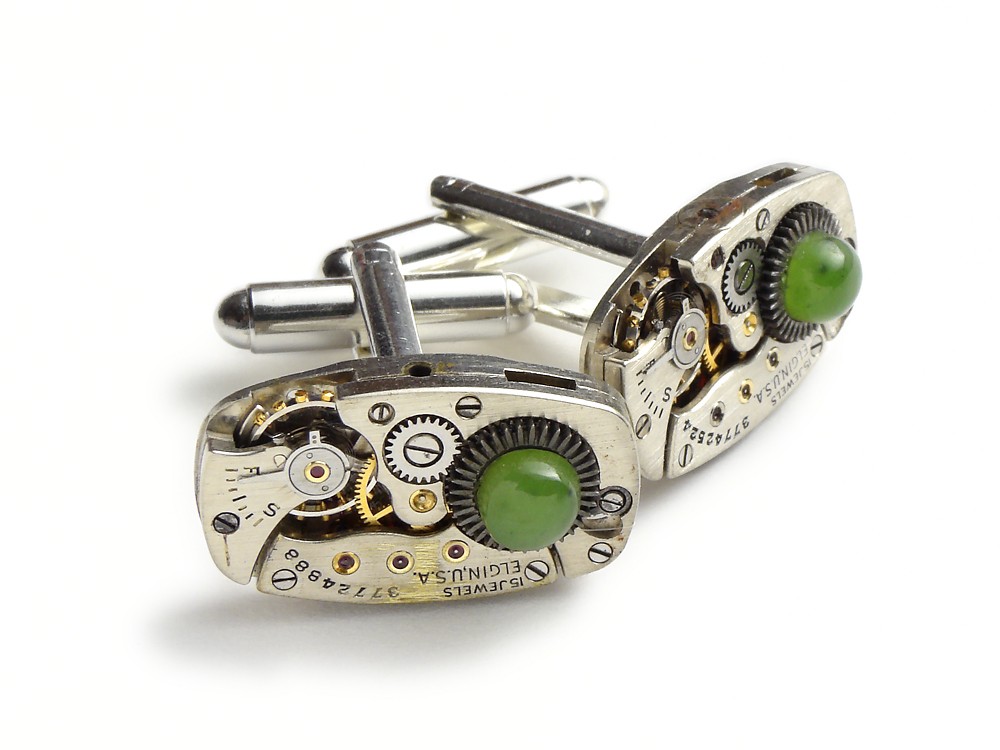 Steampunk cufflinks antique watch movements green jade silver mens wedding accessory anniversary vintage cuff links