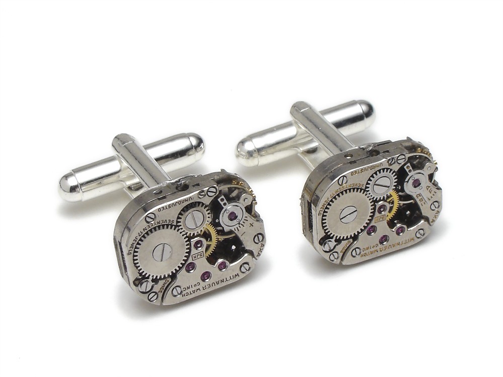 Steampunk cufflinks antique Wittnauer silver watch movements gears mens wedding accessory vintage cuff links