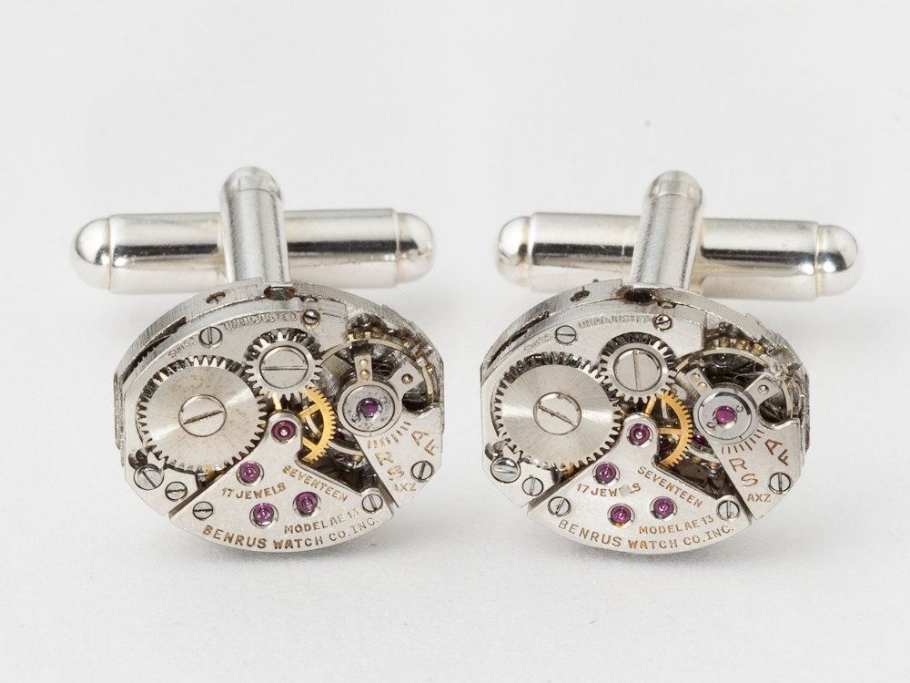 Steampunk cufflinks Benrus watch movements gears wedding anniversary Grooms silver cuff links men jewelry
