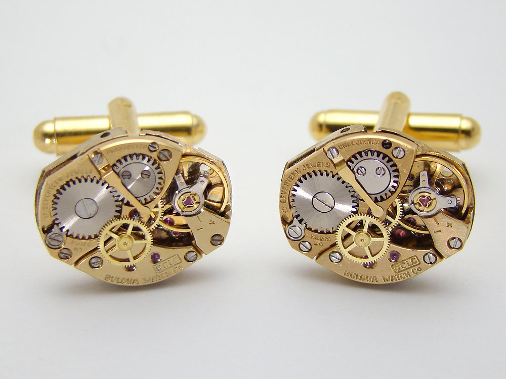 Steampunk cufflinks Bulova gold watch movements gears wedding anniversary antique mens cuff links jewelry