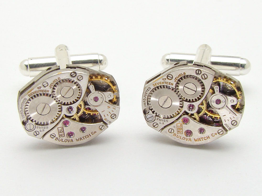 Steampunk cufflinks Bulova watch movements gears wedding anniversary clock work silver cuff links mens jewelry