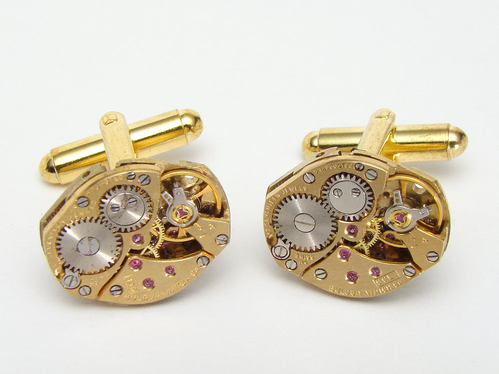 Steampunk cufflinks Bulova watch movements wedding anniversary Grooms gold cuff links men jewelry