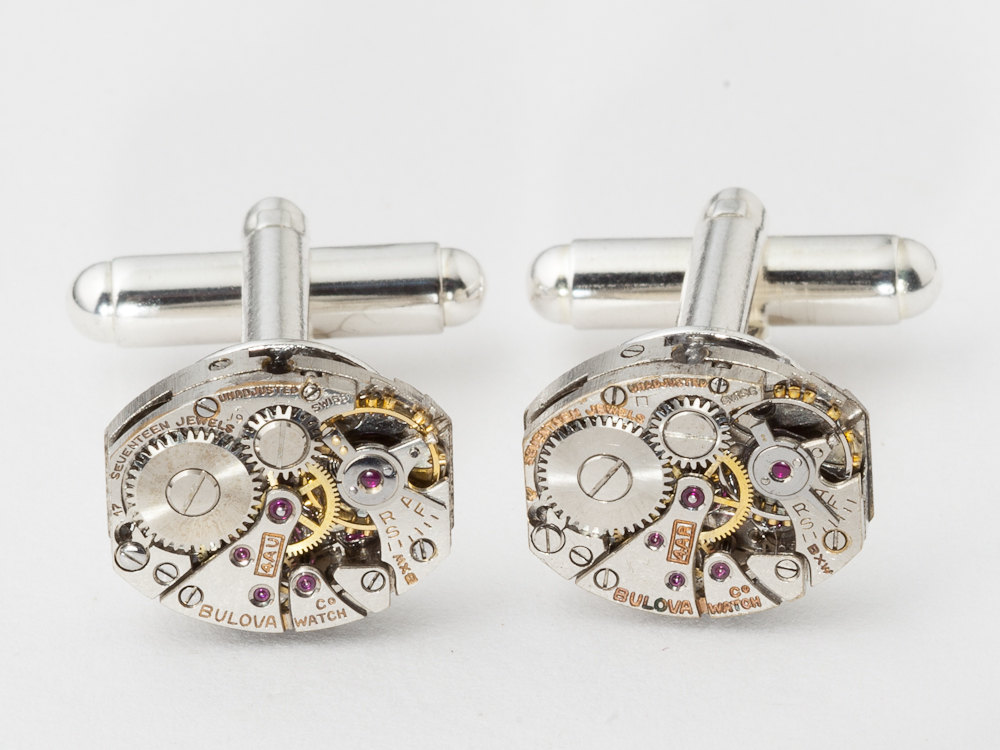 Steampunk cufflinks Bulova watch movements wedding anniversary Grooms silver cuff links mens jewelry