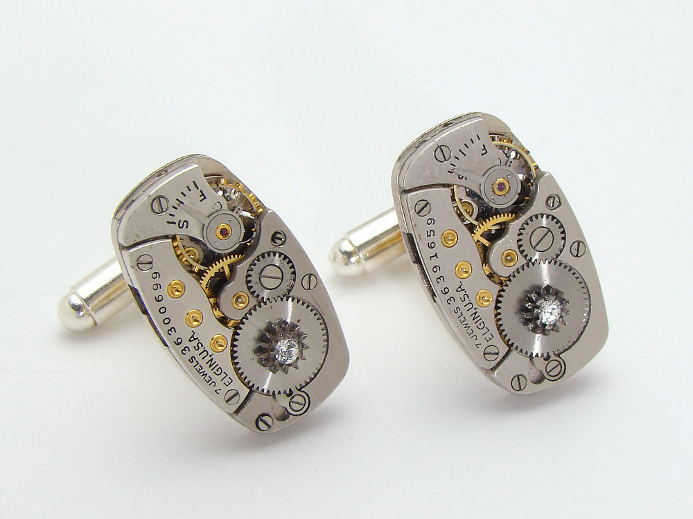Steampunk cufflinks Elgin watch movements gears Swarovski crystal mens wedding accessory silver cuff links