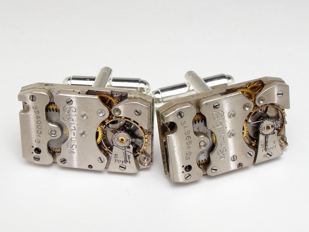 Steampunk cufflinks Elgin watch movements gears wedding anniversary Grooms silver cuff links men jewelry