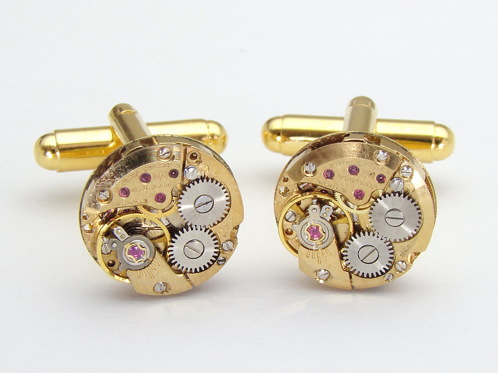 Steampunk cufflinks gold Bulova petite round watch movements wedding anniversary mens cuff links jewelry