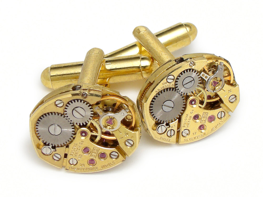 Steampunk cufflinks gold Bulova ruby jewel petite oval watch movements antique mens wedding anniversary cuff links