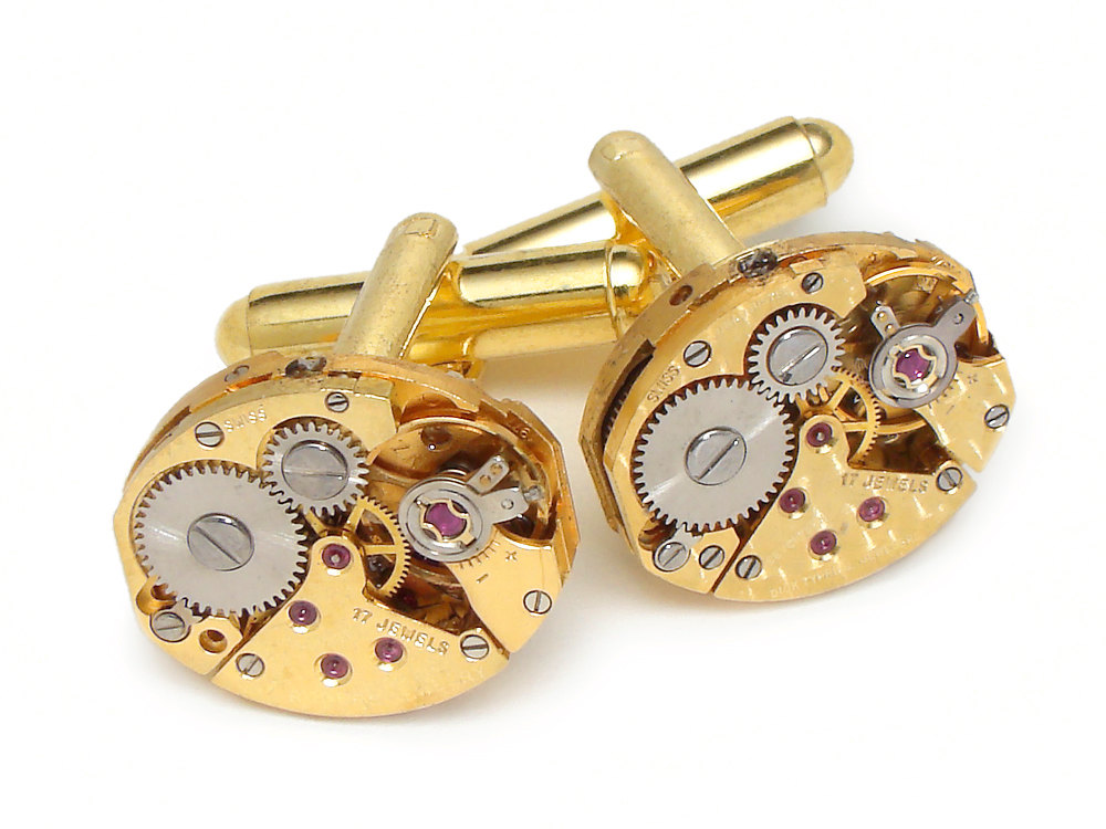Steampunk cufflinks gold petite oval antique watch movements mens wedding accessory anniversary vintage cuff links