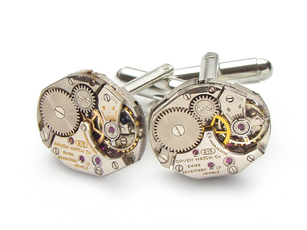 Steampunk cufflinks Gruen silver watch movements gears wedding anniversary vintage cuff links men jewelry
