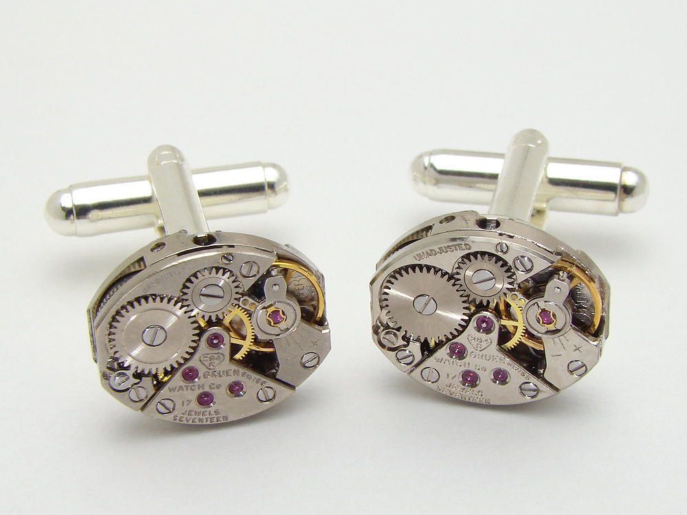 Steampunk cufflinks Gruen watch movements gears wedding anniversary Grooms silver cuff inks men jewelry