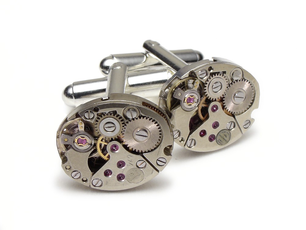 Steampunk cufflinks Hamilton watch movements petitie oval silver mens wedding anniversary cuff links
