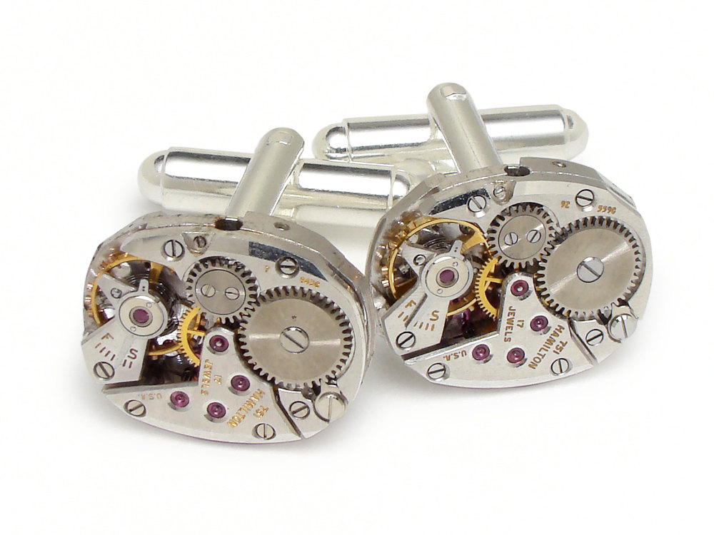 Steampunk cufflinks Hamilton watch movements wedding anniversary Grooms silver cuff links men jewelry