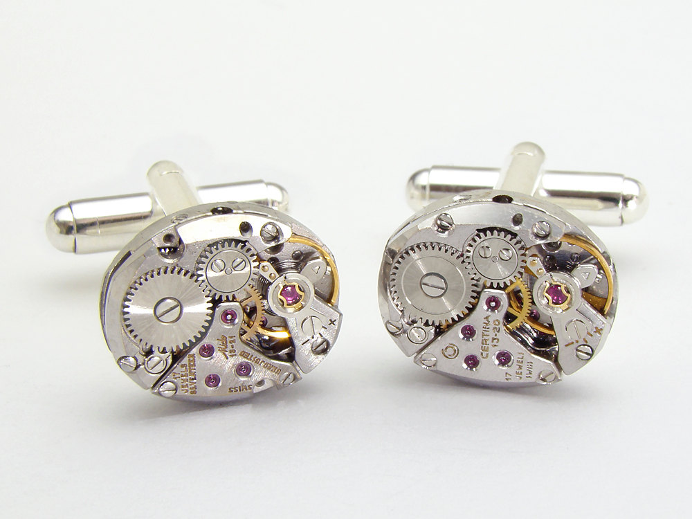 Steampunk cufflinks high grade Certina watch movements gears Grooms wedding silver cuff links men jewelry