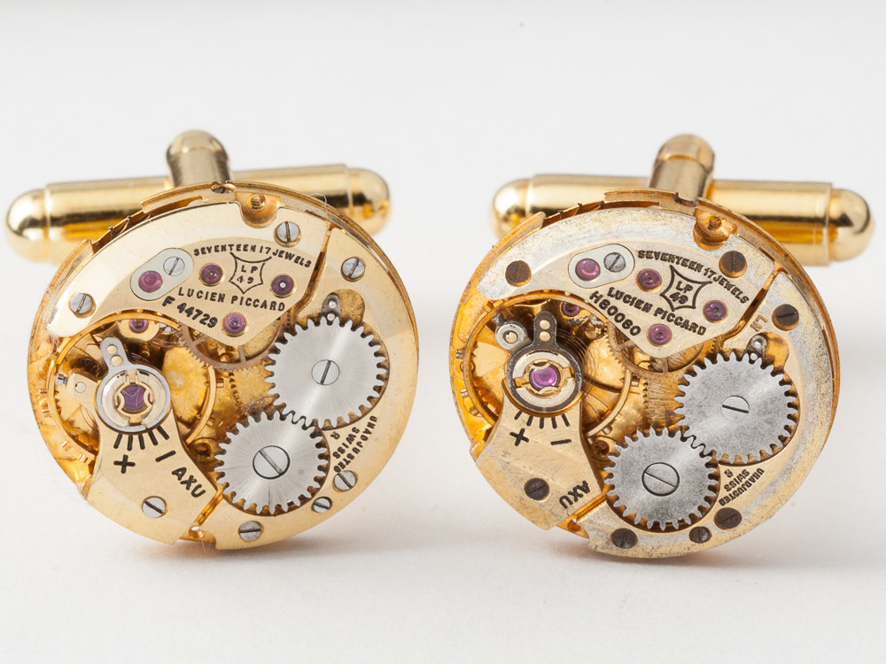 Steampunk cufflinks Lucien Piccard RARE watch movements wedding anniversary gold cuff links men jewelry
