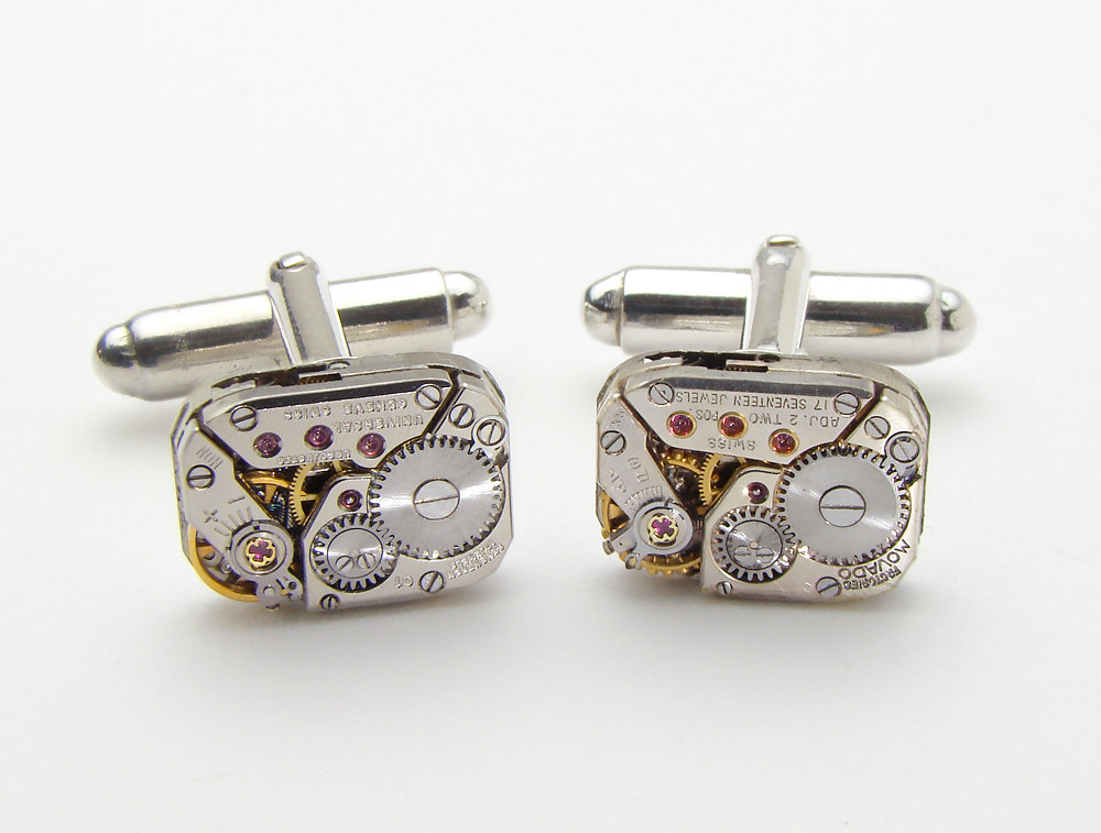 Steampunk cufflinks Luxury watch movements gears rubies wedding accessory mens Sterling silver cuff links