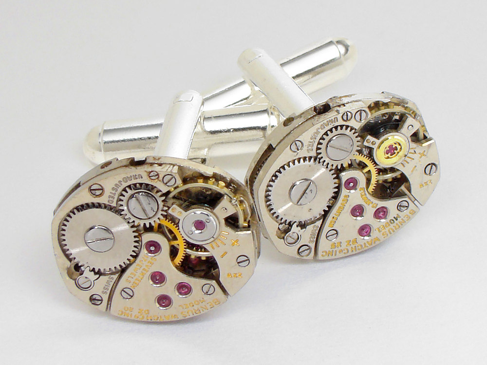 Steampunk Cufflinks petite oval silver Benrus watch movements wedding accessory mens cuff links jewelry