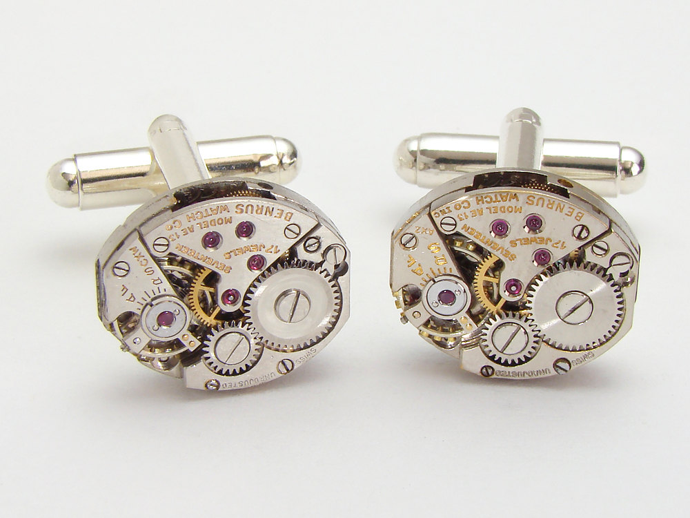 Steampunk Cufflinks petite oval silver watch movements gears wedding mens formal wear cuff links jewelry