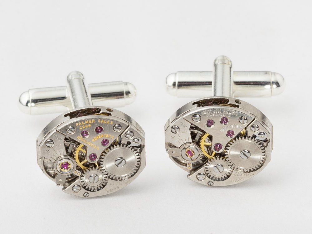Steampunk cufflinks petite watch movements gears wedding anniversary Grooms silver cuff links men jewelry