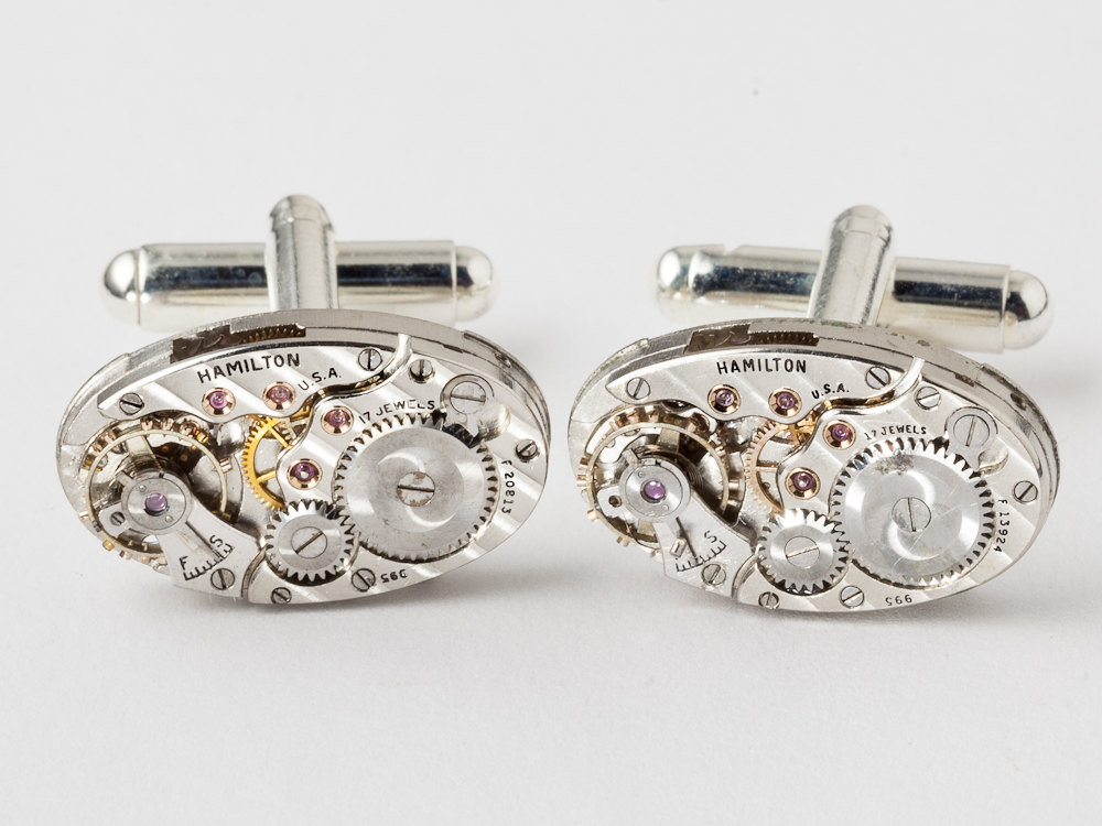 Steampunk cufflinks pinstripe Hamilton watch movement wedding anniversary silver cuff links men jewelry