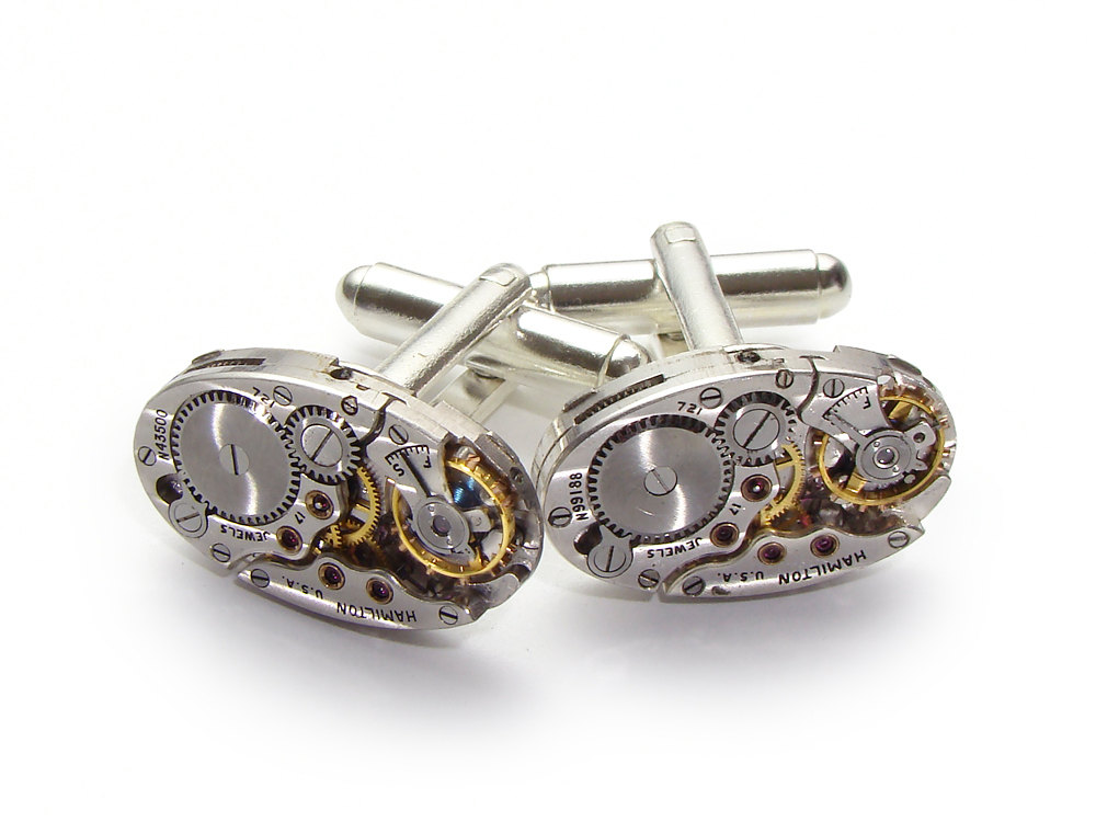 Steampunk cufflinks pinstripe Hamilton watch movement wedding anniversary silver cuff links men jewelry
