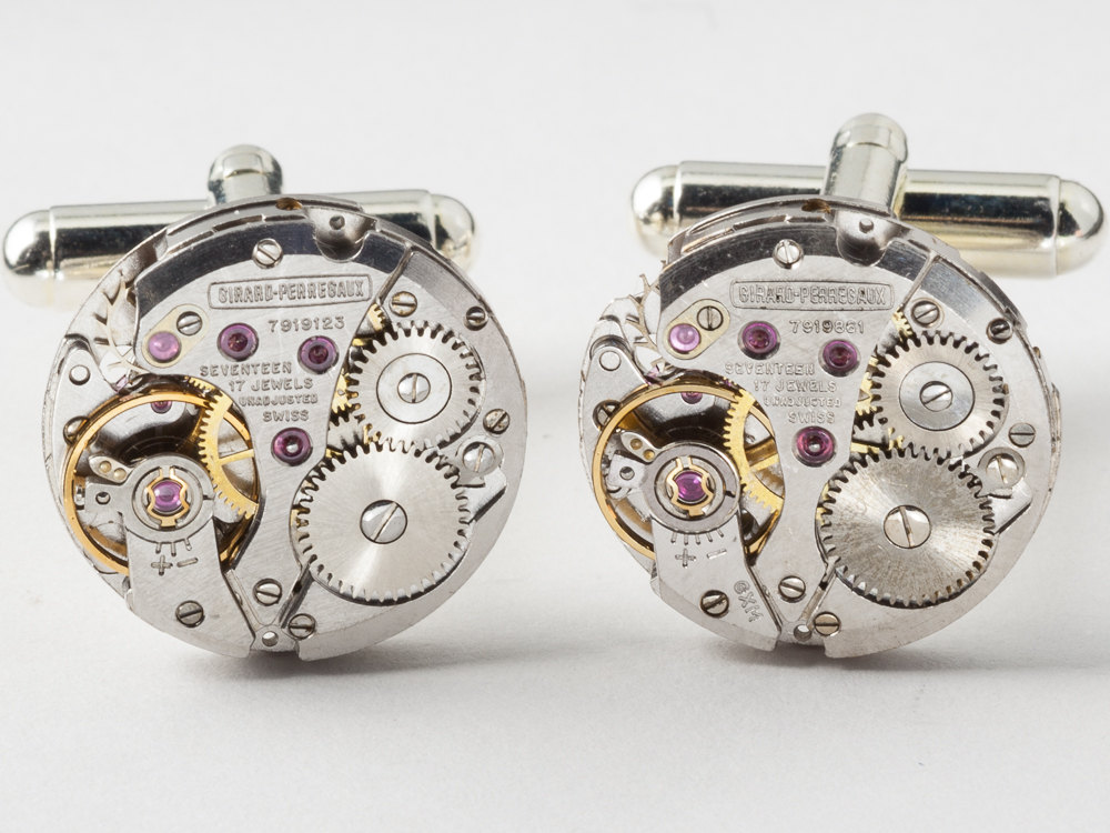 Steampunk Cufflinks Rare Girard Perregaux watch movements silver cuff links wedding Grooms men jewelry Steampunk Jewelry