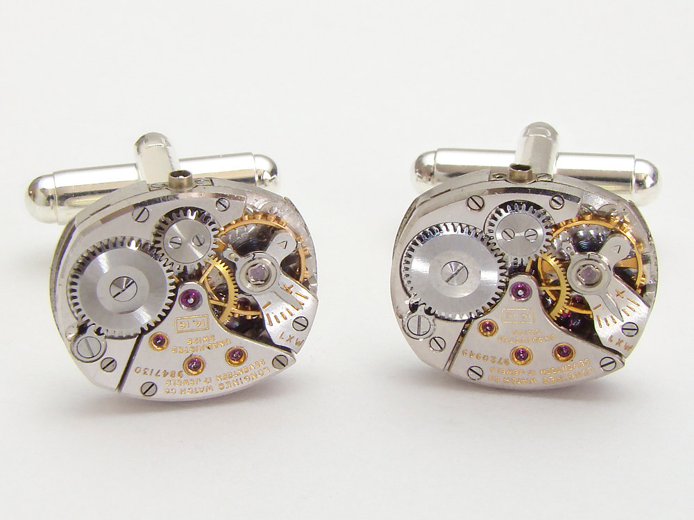 Steampunk cufflinks Rare Longines watch movements wedding anniversary silver cuff links men jewelry