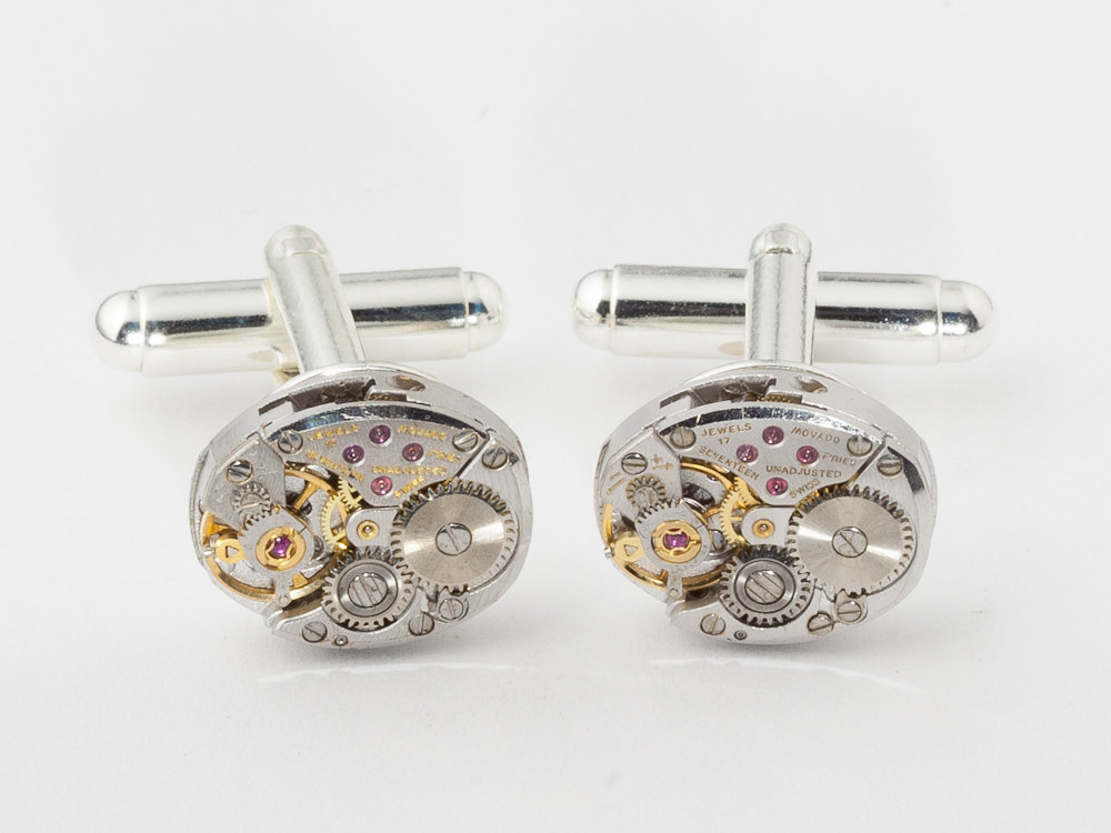 Steampunk cufflinks rare Movado watch movements gears wedding grooms silver cuff links men jewelry