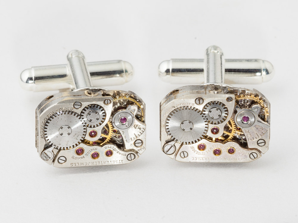 Steampunk Cufflinks RARE Movado watch movements gears wedding grooms silver cuff links men jewelry gift
