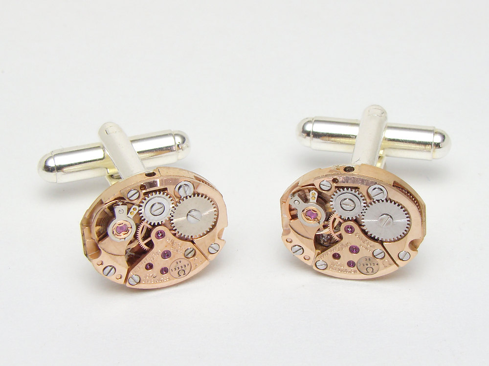 Steampunk cufflinks Rare rose gold Omega watch movements wedding anniversary silver cuff links men jewelry