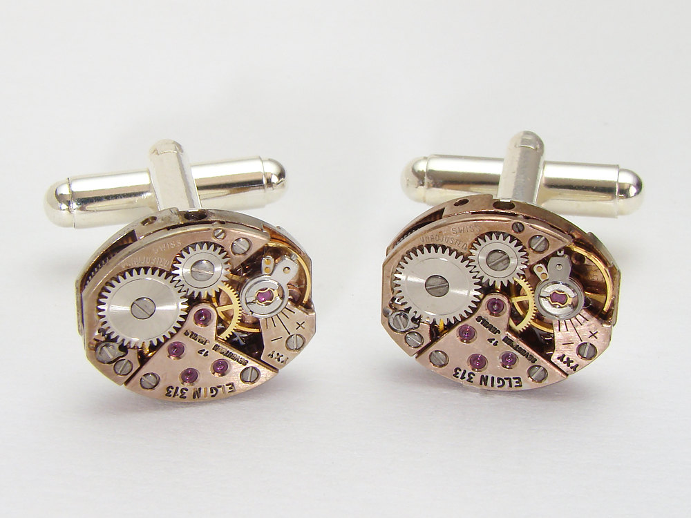Steampunk cufflinks rose gold antique petite oval Elgin watch movements gears wedding silver mens cuff links