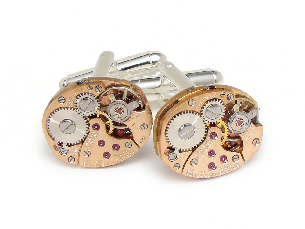 Steampunk cufflinks rose gold Benrus Vintage watch movements Grooms wedding anniversary silver cuff links men jewelry