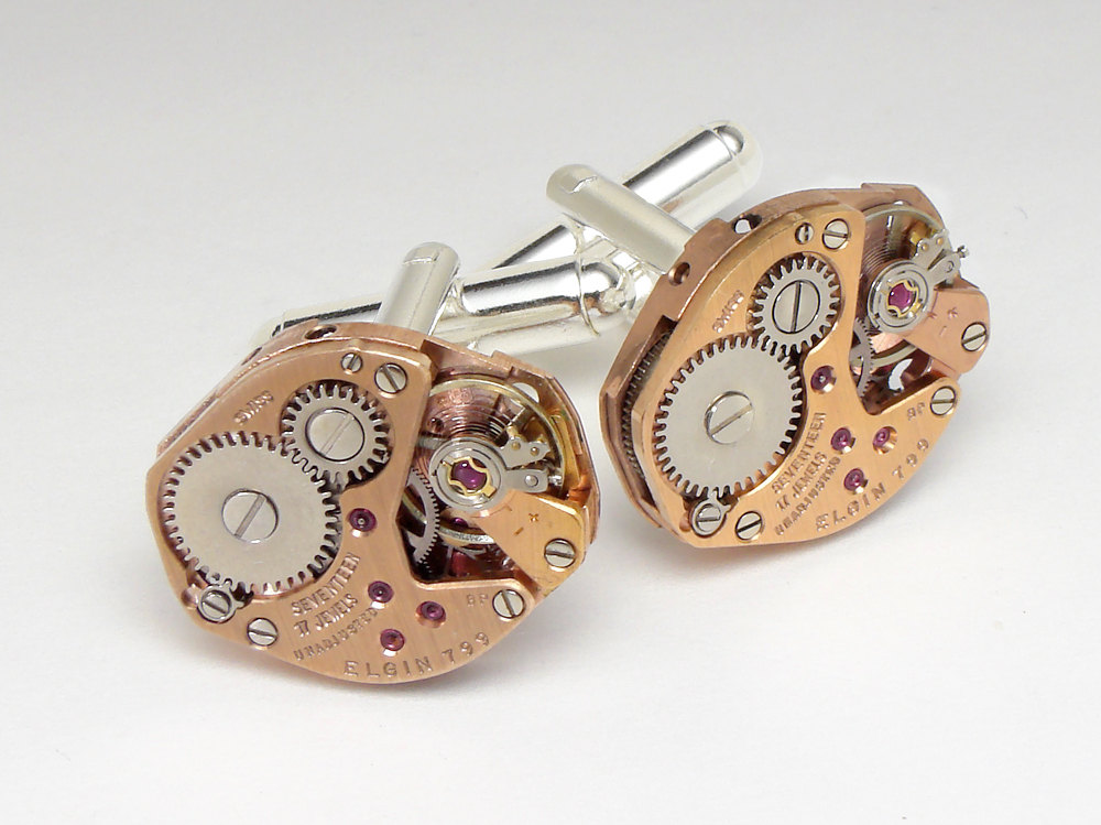 Steampunk cufflinks rose gold elegant Elgin 17 ruby jewel watch movements collectible antique circa 1950 pink gold mens wedding accessory anniversary vintage cuff links