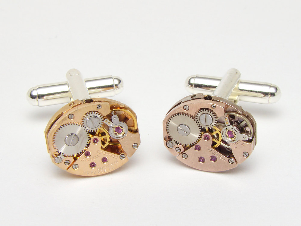 Steampunk cufflinks rose gold petite watch movements pink gold antique mens wedding anniversary cufflinks