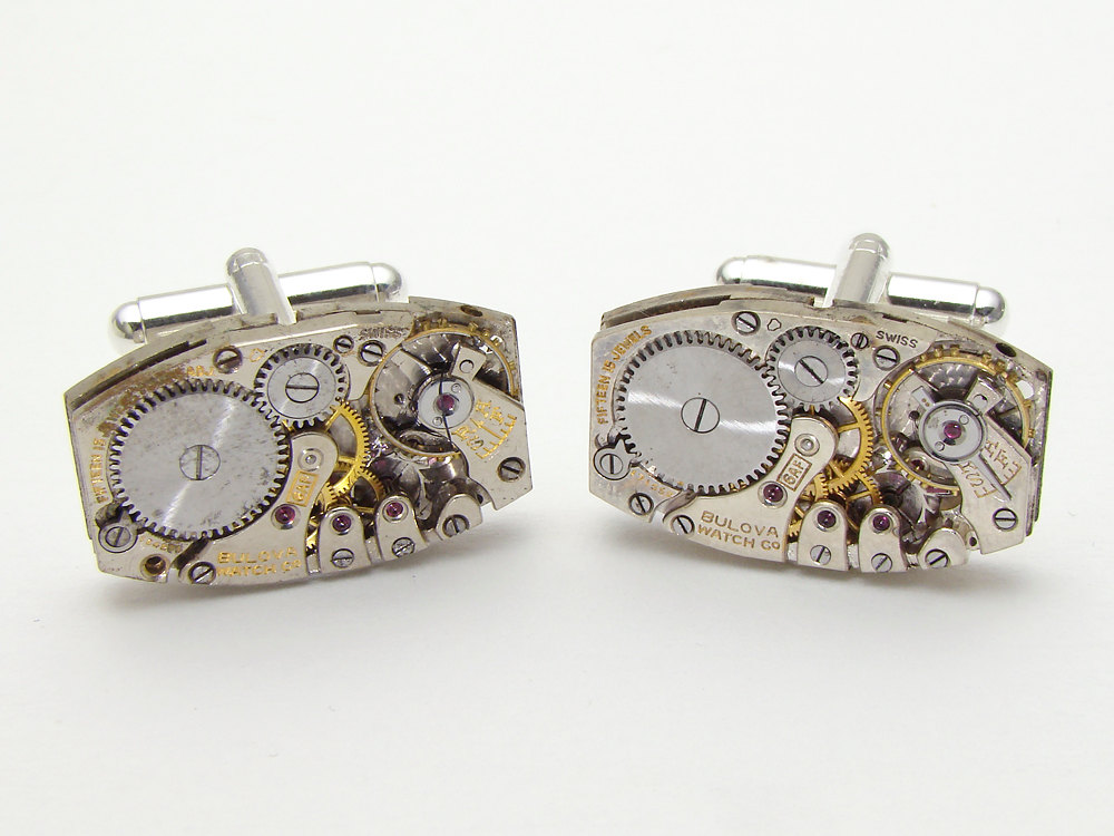 Steampunk cufflinks silver Bulova rectangle watch movements gears mens wedding accessory cufflinks jewelry