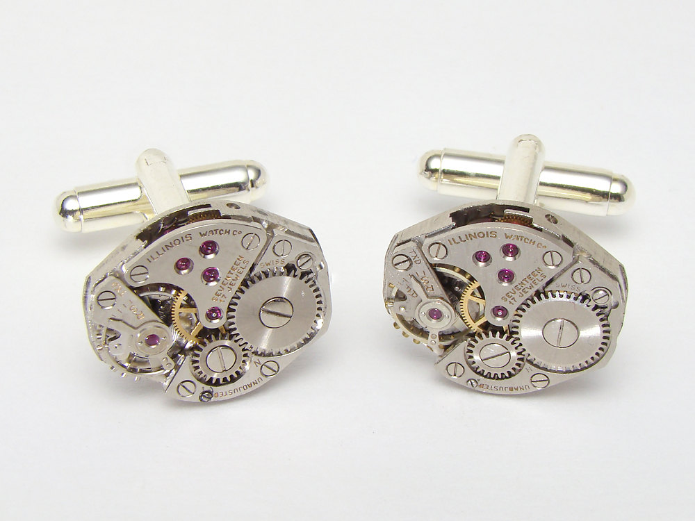 Steampunk cufflinks silver Illinois watch movements gears mens wedding accessory anniversary cuff links