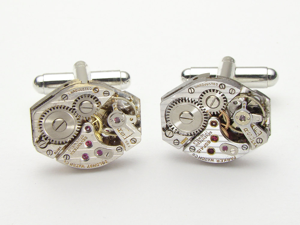 Steampunk cufflinks silver pinstripe watch movements gears wedding accessory anniversary mens cuff links