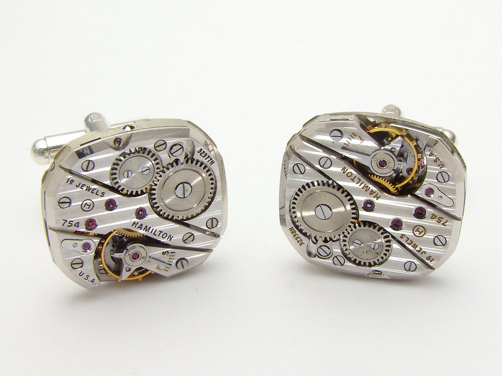 Steampunk cufflinks silver rare pinstripe Hamilton watch movements gears mens wedding accessory cuff links
