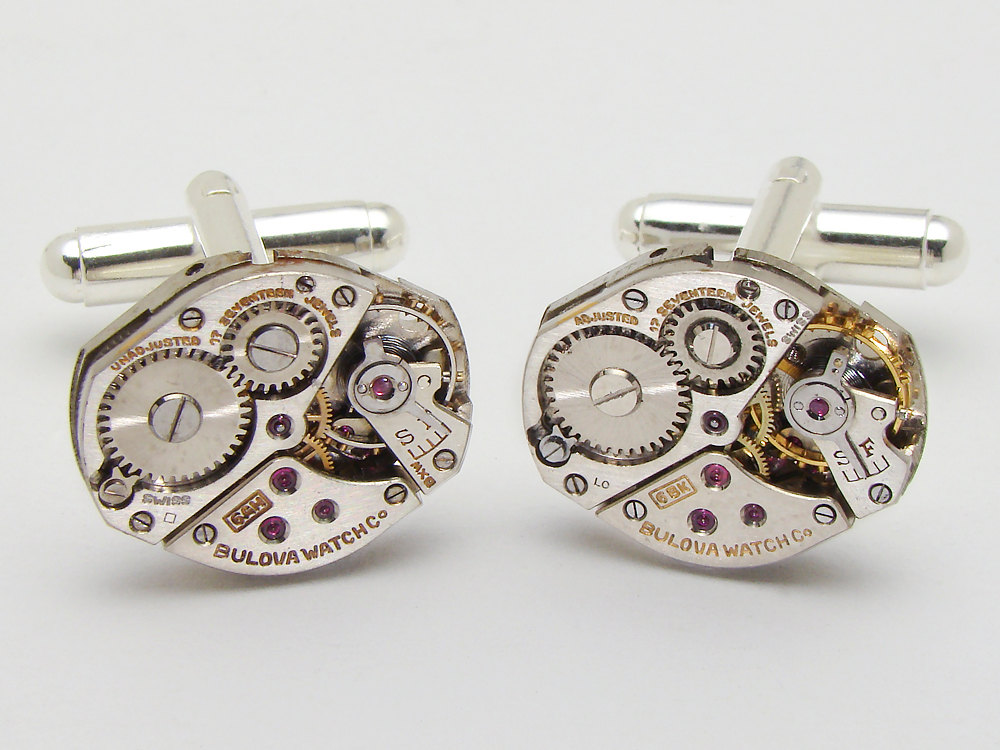 Steampunk cufflinks silver watch movements gears Bulova grooms wedding anniversary Industrial men jewelry